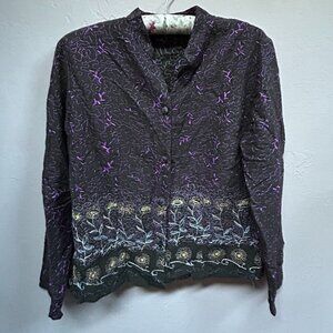 Russ Berens Women's Top Button Front Long Sleeve Shirt Floral Multicolor Small